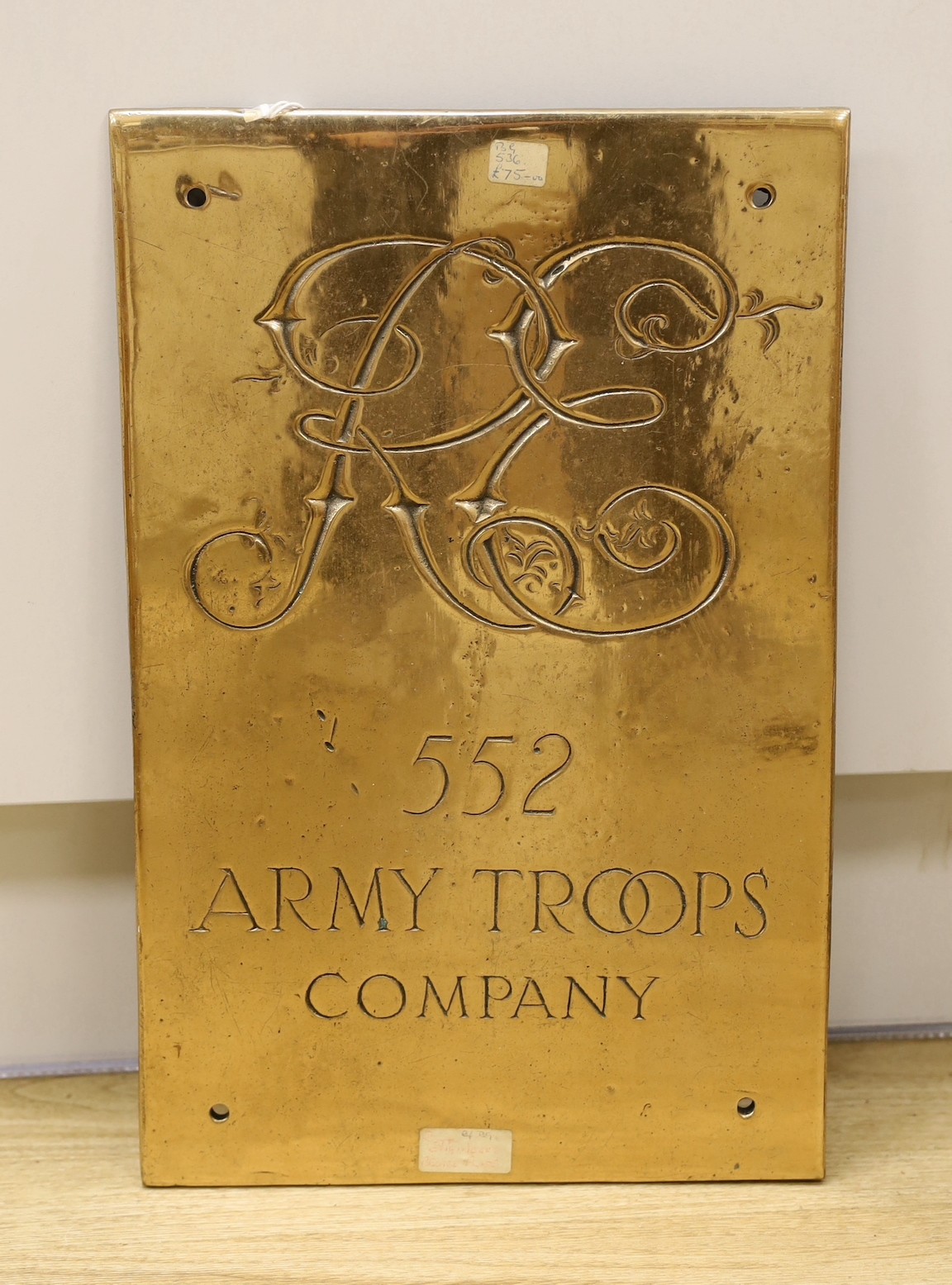 A Royal Engineers 552 Army Troops Company bronze plate, 44cm high